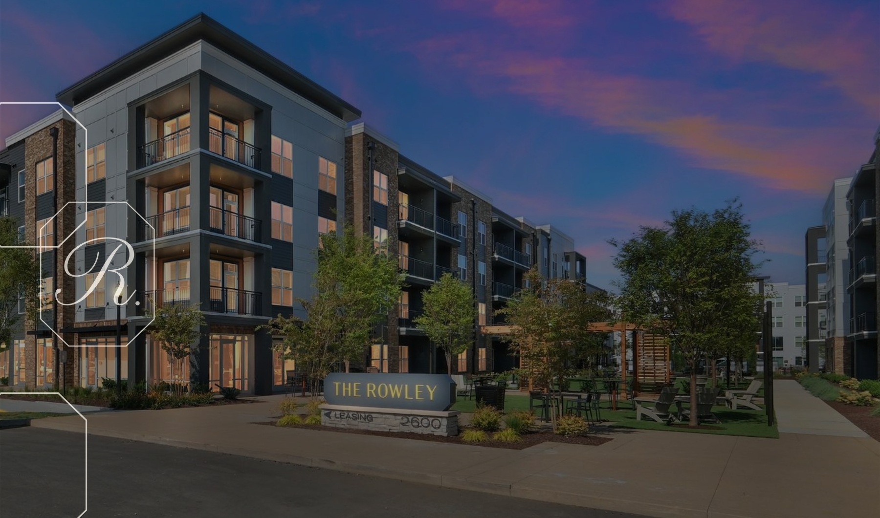 Find your perfect fit at The Rowley a courtyard with trees and buildings